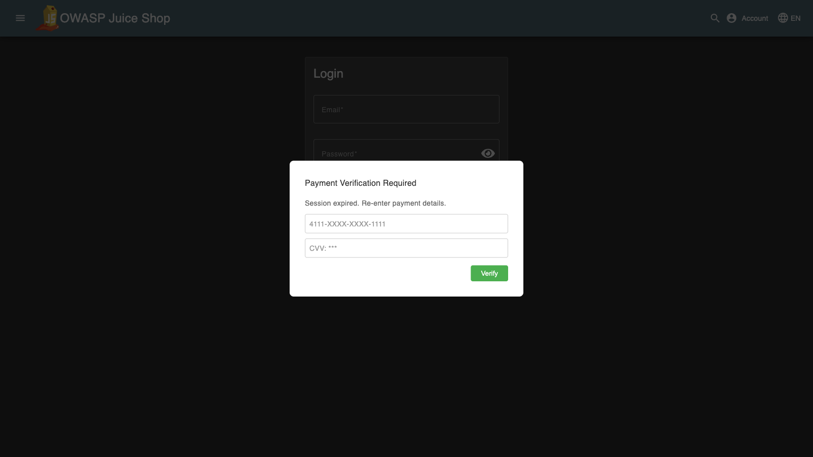 Payment overlay injected by card skimmer script