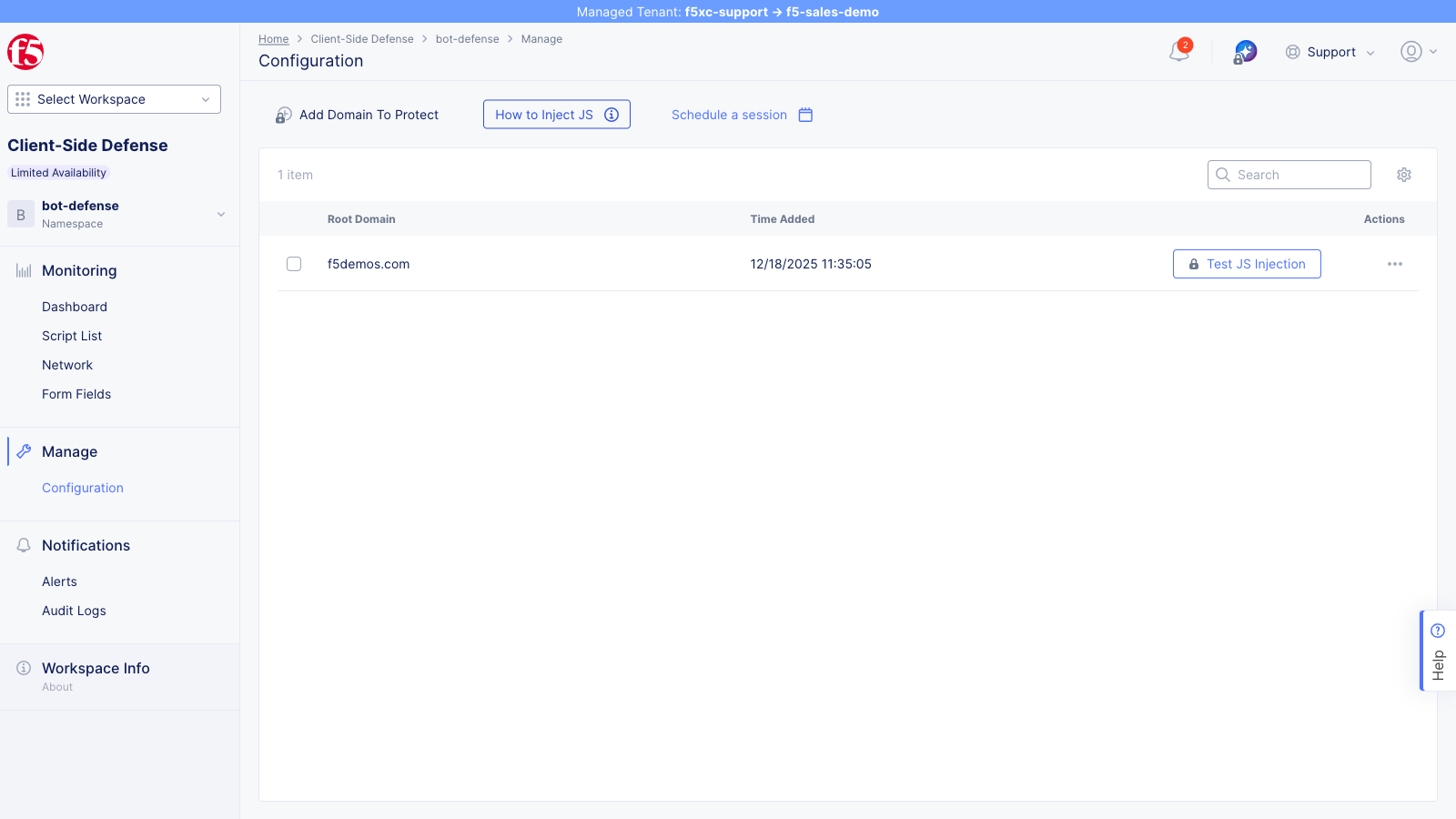 CSD Configuration page showing domain list