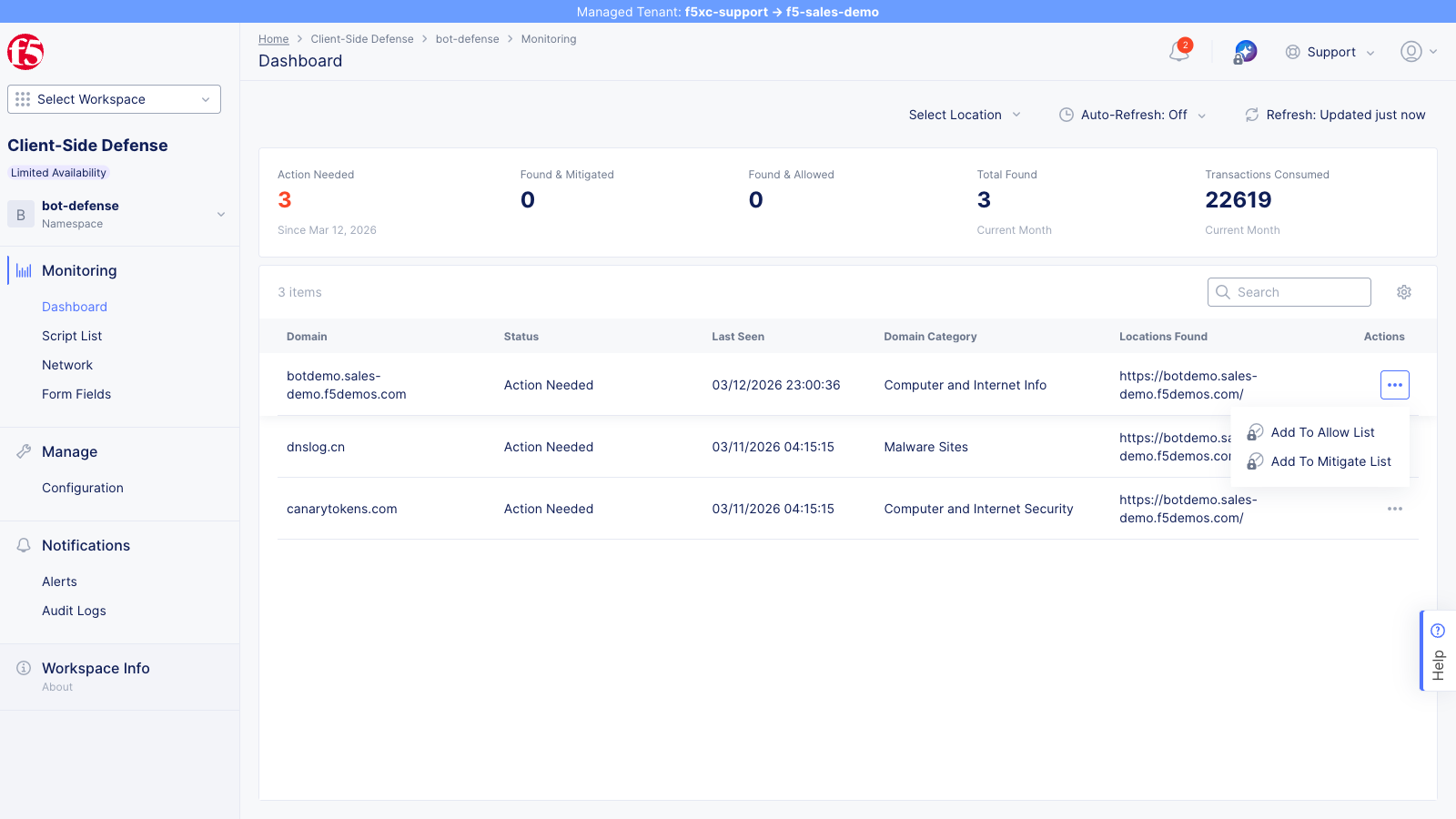 Dashboard actions menu showing Allow and Mitigate options