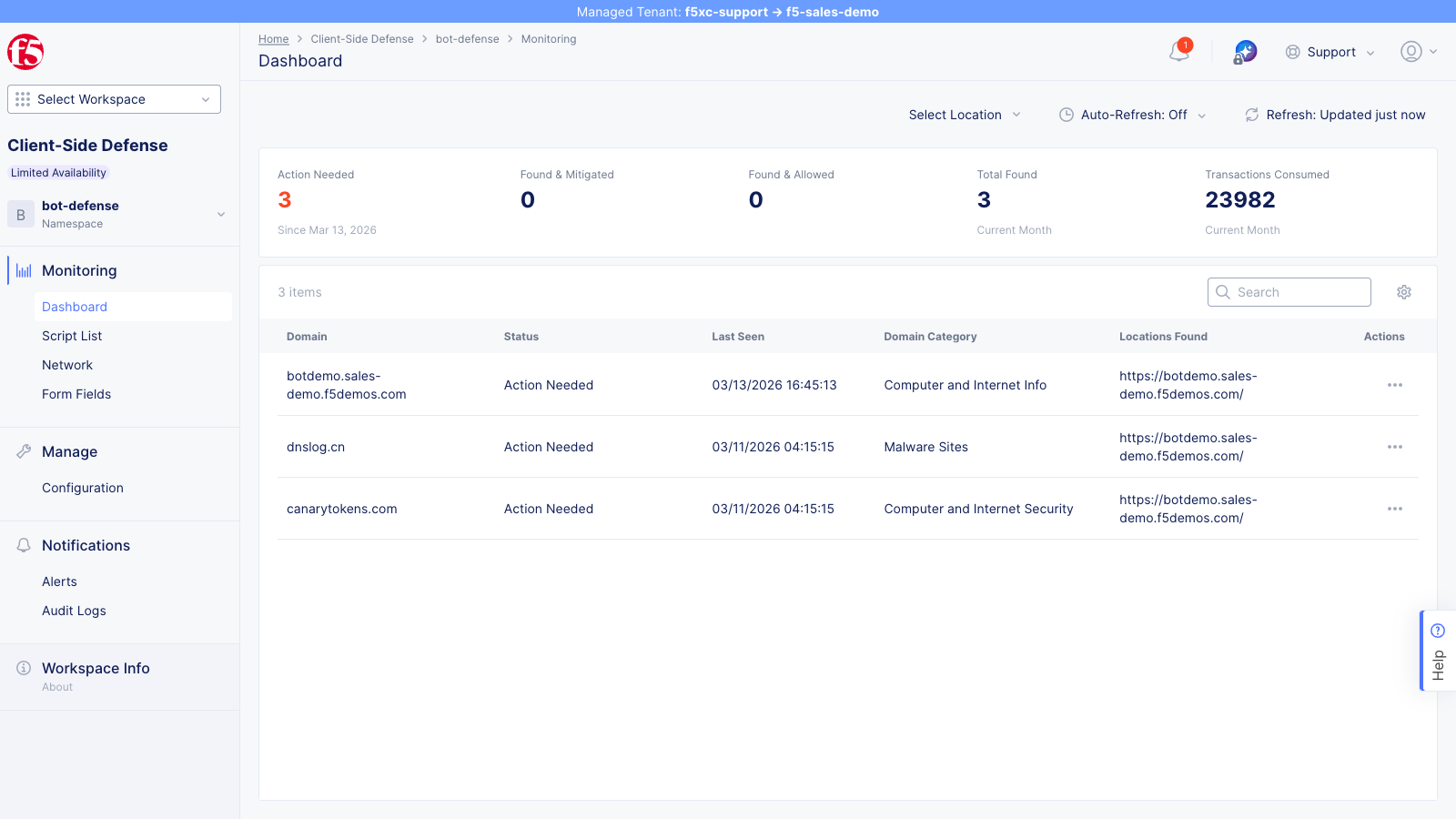 CSD Dashboard showing summary cards and domain table