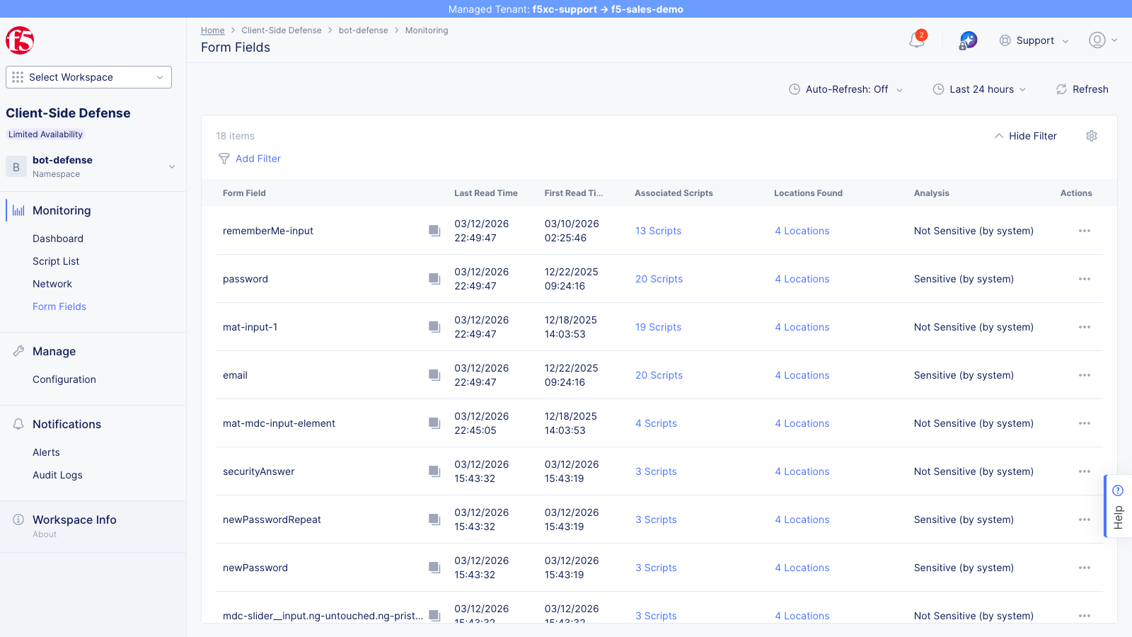 Form Fields view with sensitivity classification