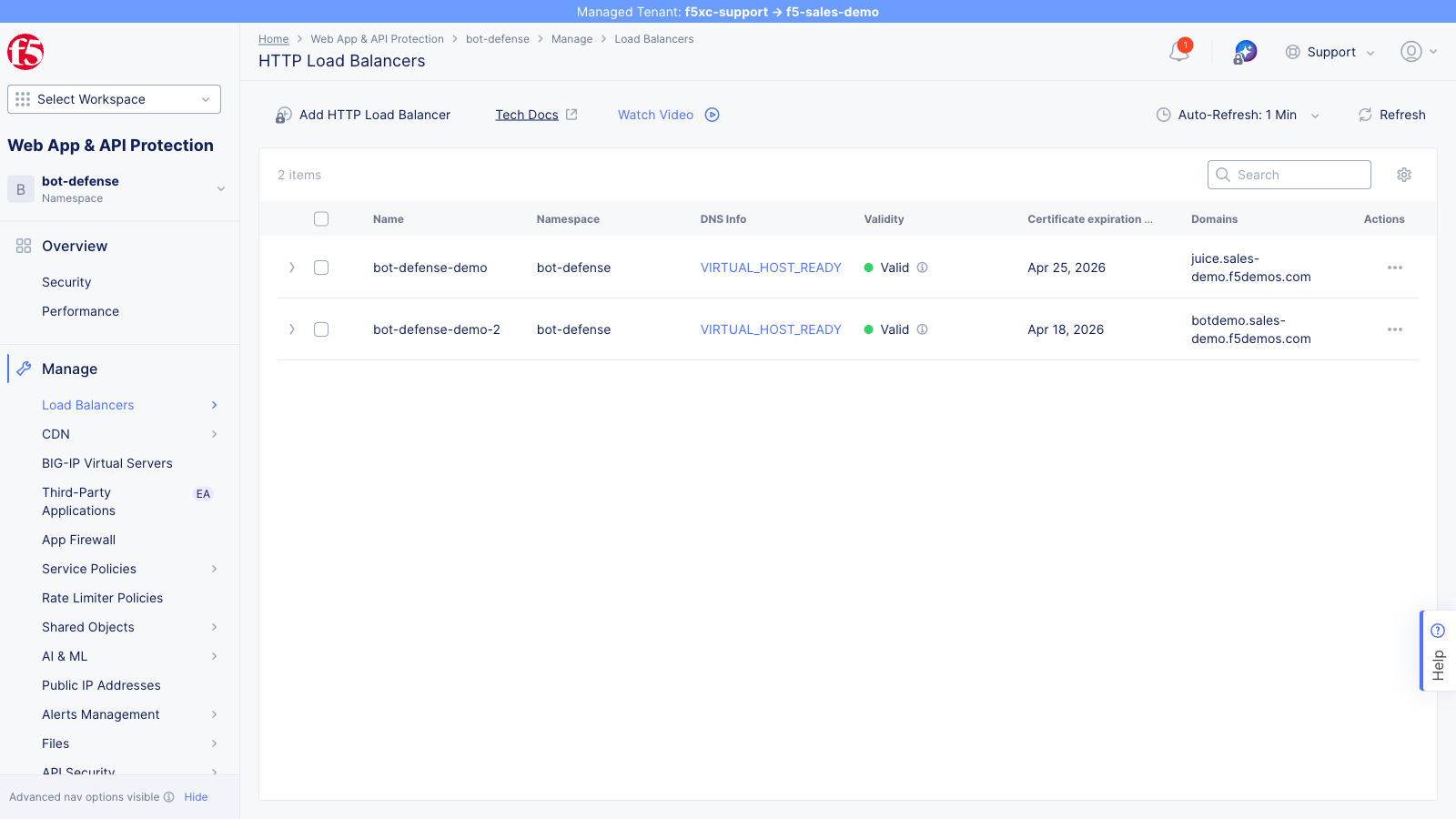 HTTP Load Balancers list showing the demo load balancer