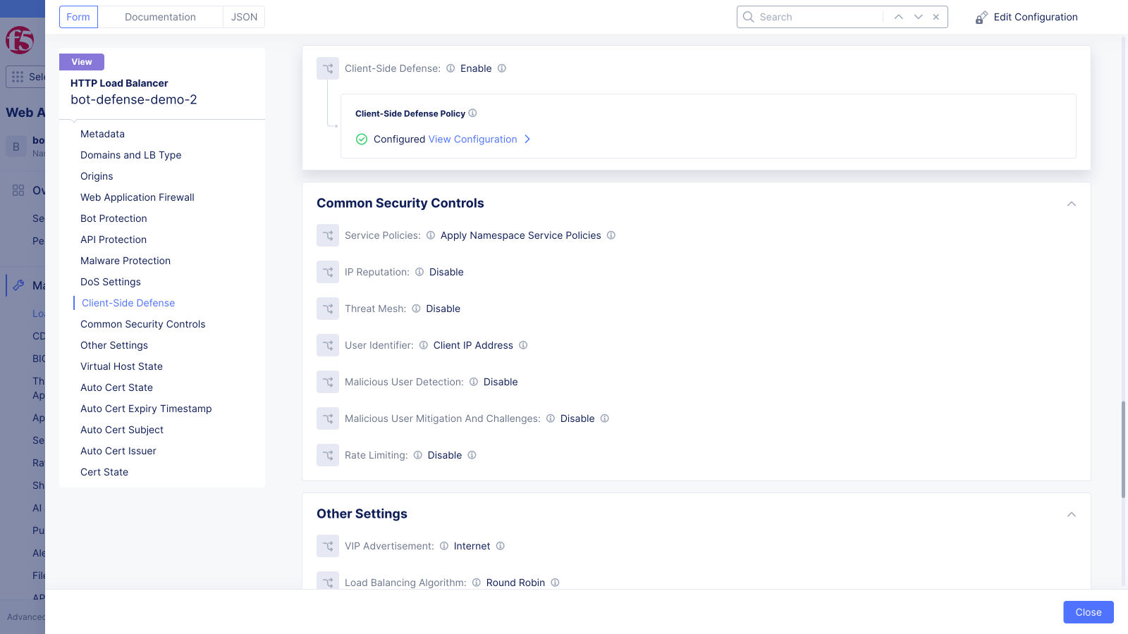CSD toggle and settings within the HTTP Load Balancer configuration