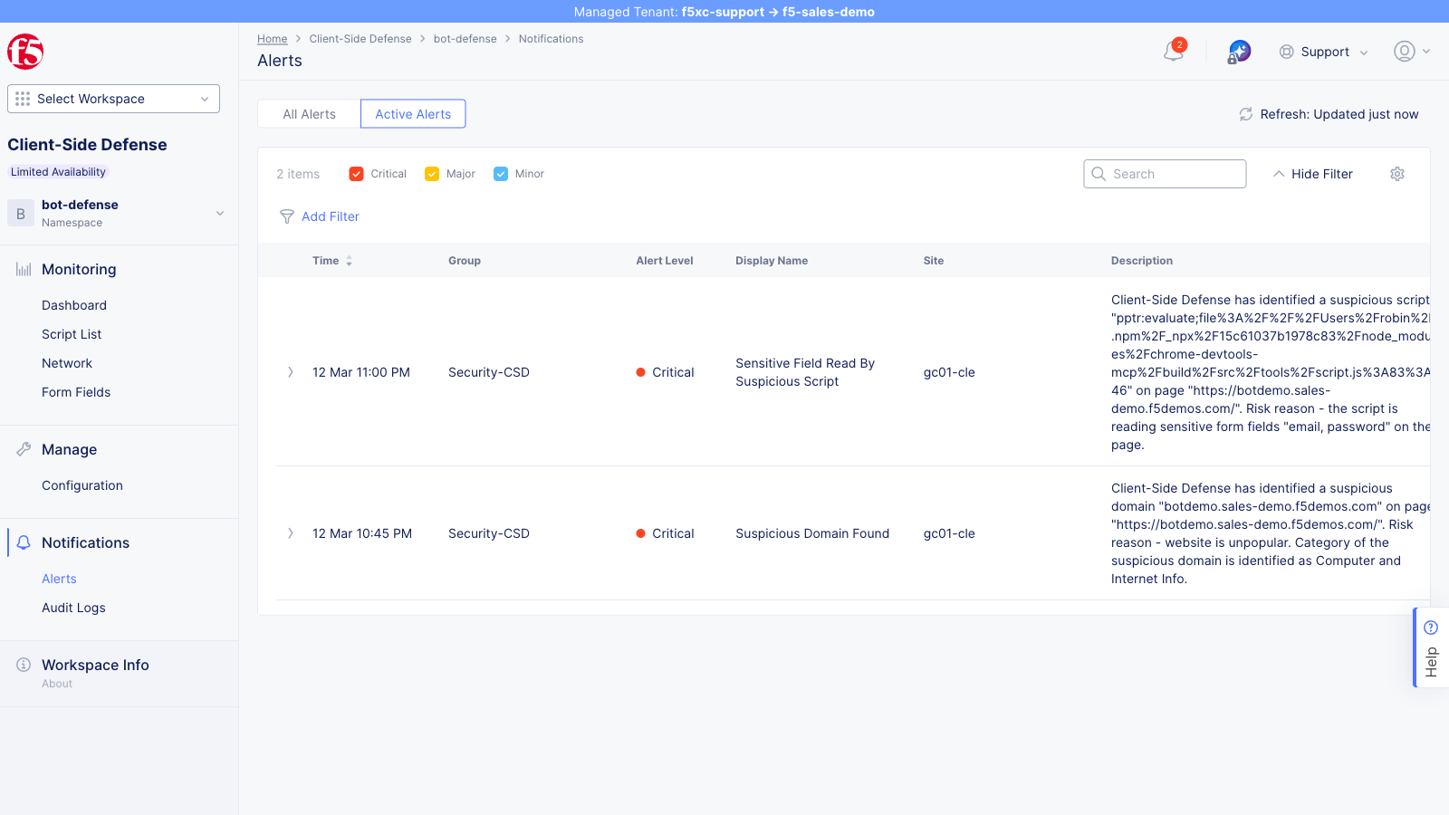 CSD Notifications UI showing the Alerts page on the f5-sales-demo tenant