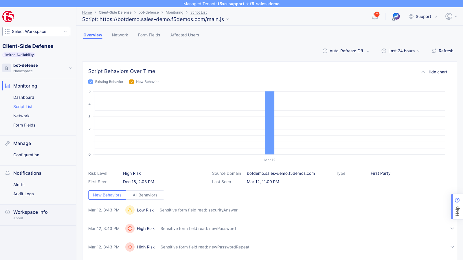Script detail page showing Behaviors Over Time chart
