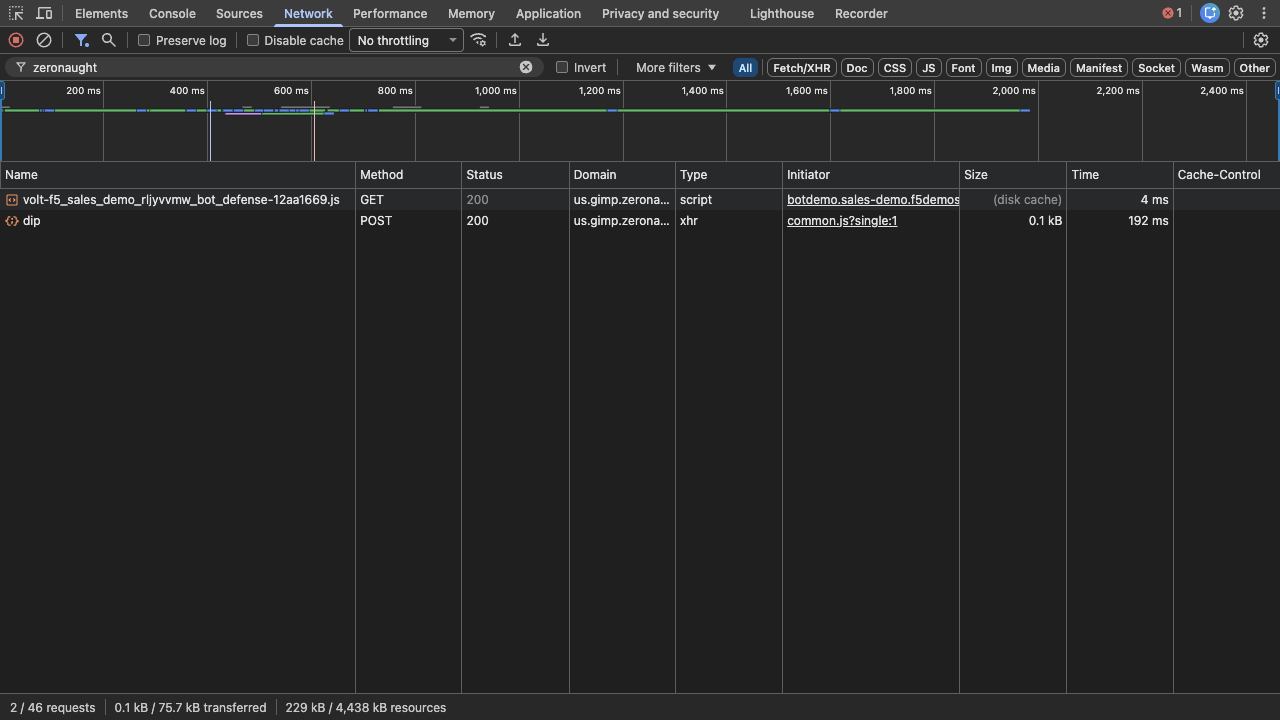 DevTools Network tab filtered to zeronaught showing GET script load and POST telemetry beacons