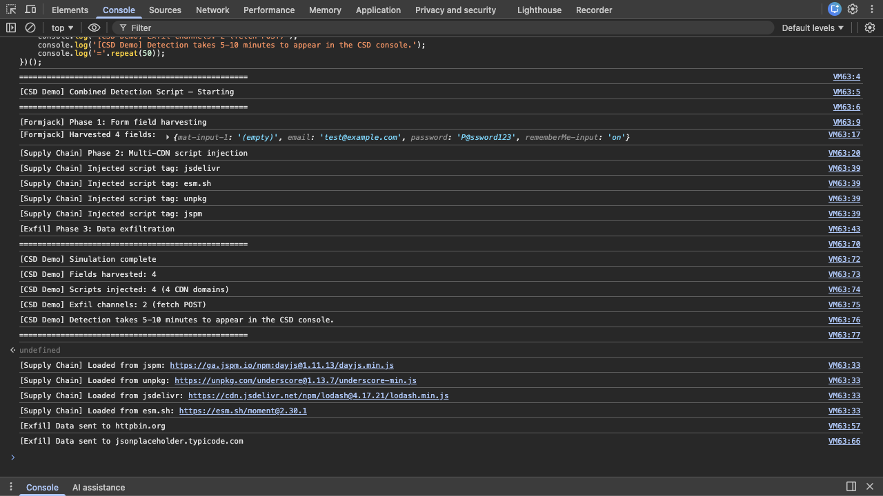 Console output after running the simulation script