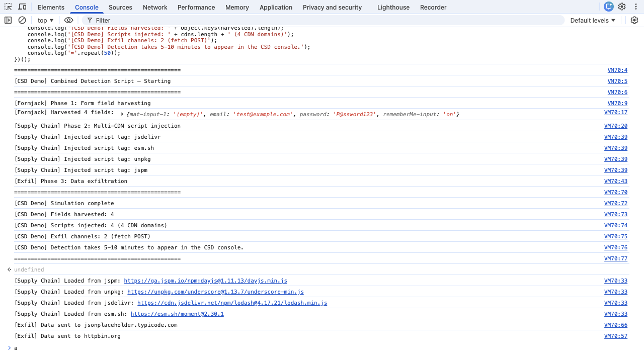 Console output after running the simulation script